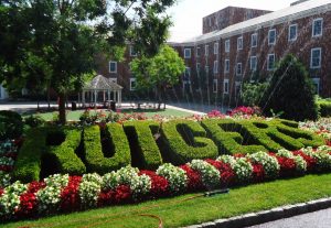 Rutgers spelled out in hedge on Rutgers University campus