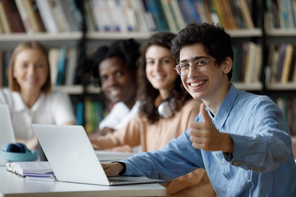 students working in library