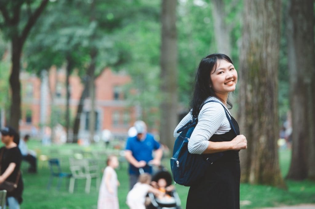 student on campus outside