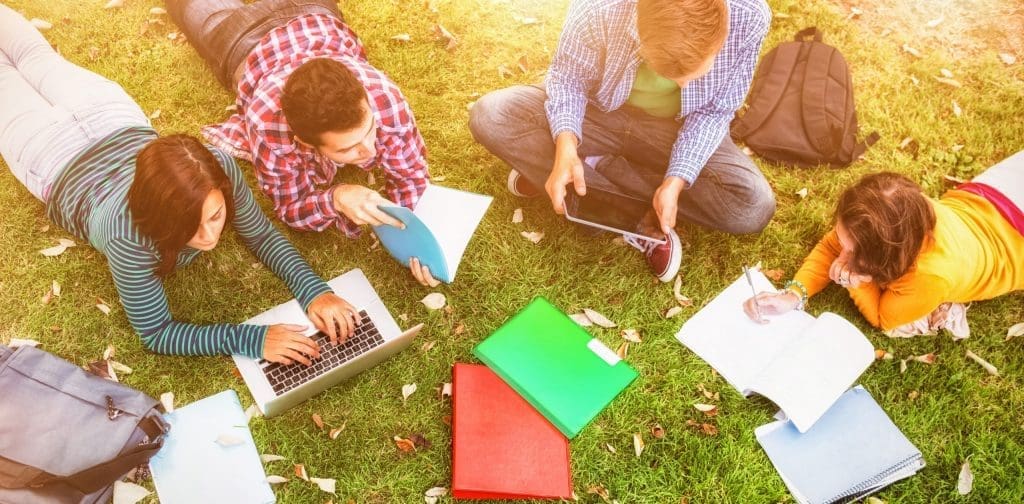 college students studying on the grass