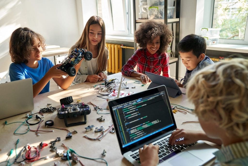 students building robotic cars