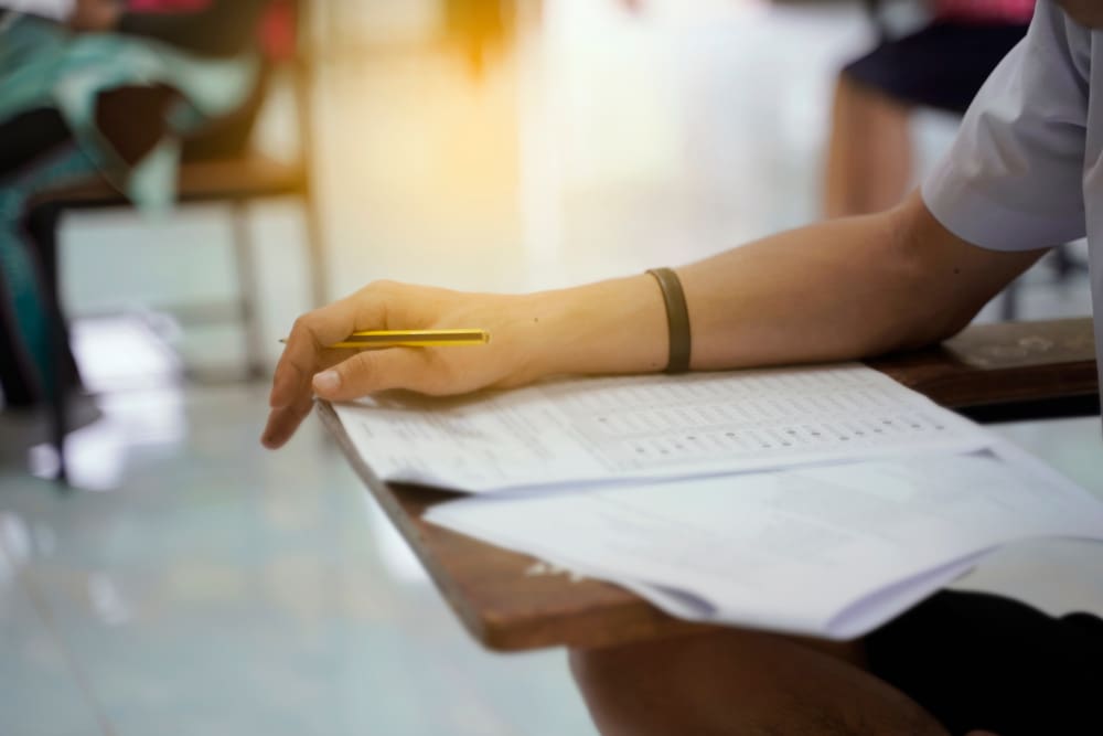 student taking exam