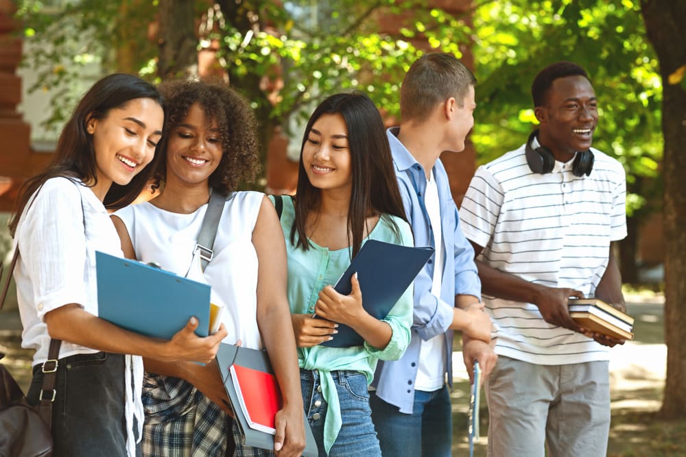 international students chatting outdoor