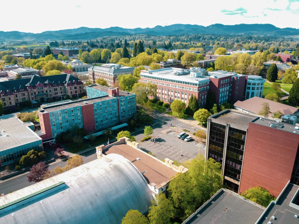 Aerial view of buildings on Oregon State University campus in Corvallis Oregon.