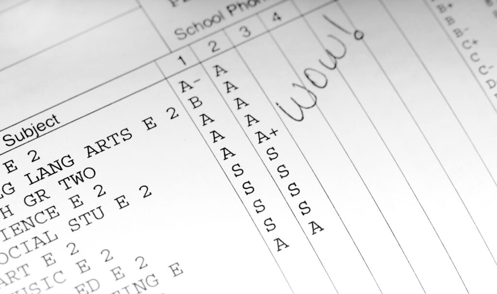 Student report card with comments