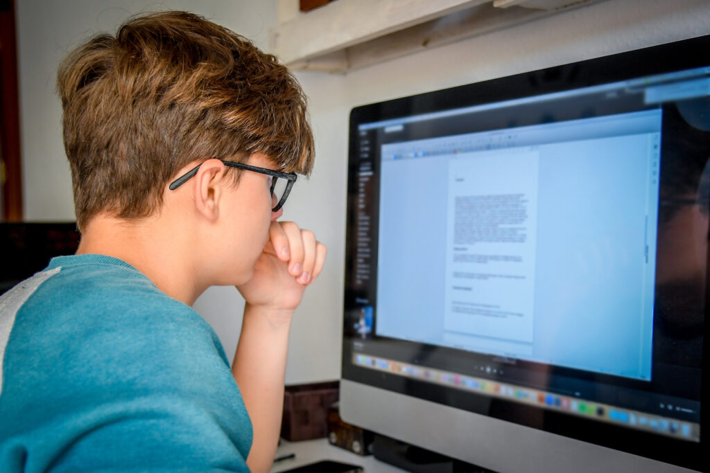 Student working on a high school essay project with source citations
